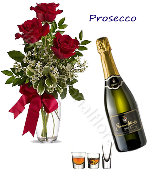 Bottiglia Di Prosecco Con Bouquet Di 3 Rose Rosse