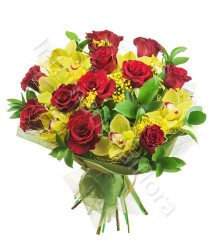 bouqet-rose-rosse-orchidee-gialle-mimosa